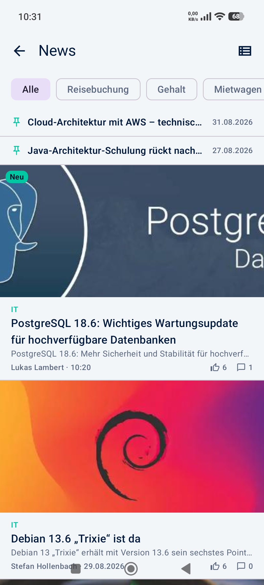Dynamics-Pro-App auf dem Smartphone: News mit Kategorien, zwei angehefteten Beiträgen und Beiträgen mit Titelbild, Reaktionen und Kommentaren
