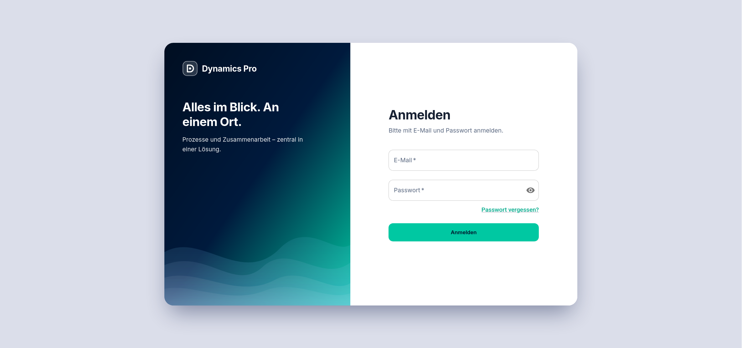 Dynamics Pro: Anmeldemaske mit E-Mail und Passwort